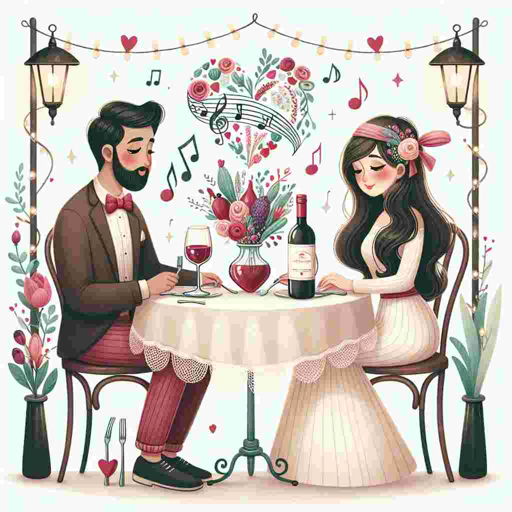 Create a whimsical Valentine's Day illustration that depicts a romantic dinner scene with a charming Middle-Eastern man and a Hispanic woman. They are seated at a quaint bistro table decorated with a heart-shaped bouquet of colorful vegetables. An elegant bottle of red wine is situated next to two sparkling glasses under a set of twinkling fairy lights. Floating musical notes subtly enhance the atmosphere in the background, suggesting a soft and gentle melody. This serene setting conveys a sense of deep love and affection, ideal for a perfect romantic evening.
Generated with these themes: Wine, Music, and Vegetables.
Made with ❤️ by AI.