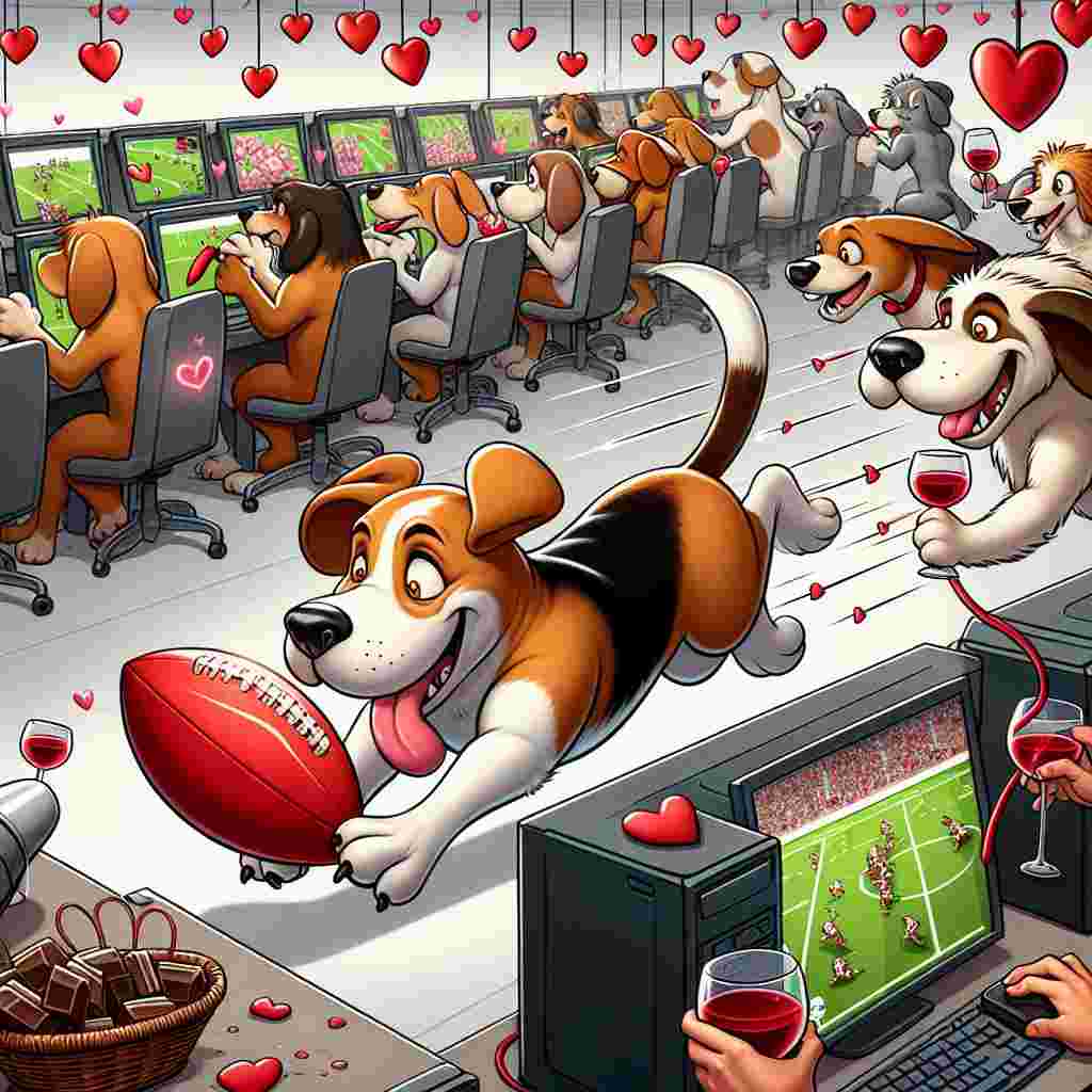Illustrate a jovial cartoon scene set on Valentine's Day. This scene should depict a delightfully disorderly rugby match played by diverse breeds of dogs who are smitten with love. Key action in the scene is driven by a Beagle who is running dynamically, while firmly holding onto a rugby ball shaped like a heart. The beagle breezes past a line of computer stations, where each screen showcases different video game plots, all of which are centered around romance. The edges of this scene are teeming with dog pairs of varying breeds. They're all engrossed in opening boxes of chocolate treats and joining glasses brim-filled with quality wine. Noticeable hearts float above these canine lovers, amplifying the affectionate atmosphere.
Generated with these themes: Rugby, Dogs, Computer games, Chocolate, and Wine.
Made with ❤️ by AI.