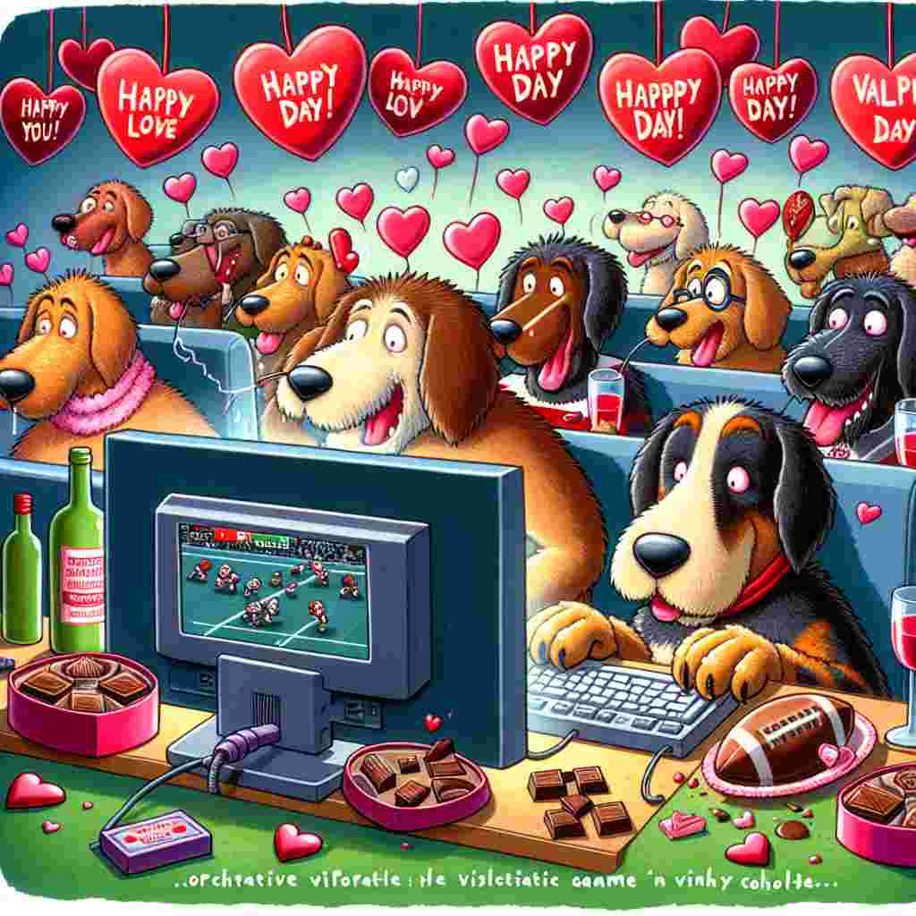 A whimsical cartoon on the theme of Valentine's Day shows a scene of enthusiastic dogs of various breeds operating computers. They are completely absorbed in a cooperative video game where they collect virtual chocolates and rugby balls to win the affection of their pixelated online dog partners. In the physical realm, these animated canines are enveloped by heart decorations of various sizes and colors. Additionally, they have a special halftime show in the gaming session. Here, they dig into luxury chocolates and sip on non-alcoholic wine, celebrating their twofold love for the holiday of affection and the exciting sport of rugby.
Generated with these themes: Rugby, Dogs, Computer games, Chocolate, and Wine.
Made with ❤️ by AI.