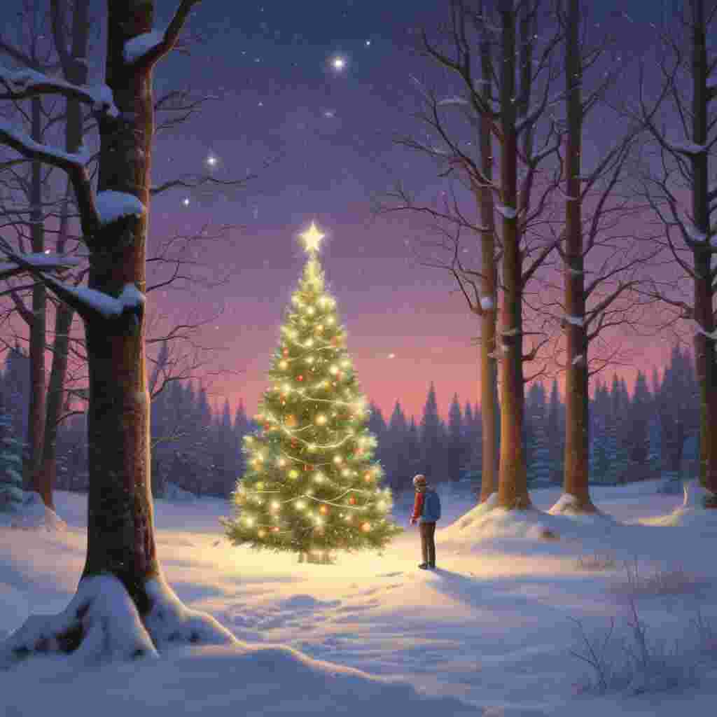 Illustration Solemn, A tranquil New Year's illustration set in a serene woodland blanketed in glistening snow. The central focus is an imposing Christmas tree, gloriously decorated with twinkling Christmas lights. A resplendent star graces the top of the tree, casting a dazzling shine that reflects on the chilly scene around. Sharing this peaceful moment around the tree are a variety of amiable woodland animals— a vigilant Robin, an inquisitive Rabbit, a sly Fox, an impassive Bear, and an elegant Deer. Despite the freezing environment, they project an air of warmth and togetherness.
Generated with these themes: Christmas , Christmas tree, Robin , Woodland, Christmas lights, Star, Sparkle , Rabbit, Fox, Bear, Deer, Woodland, and Snow.
Made with ❤️ by AI.