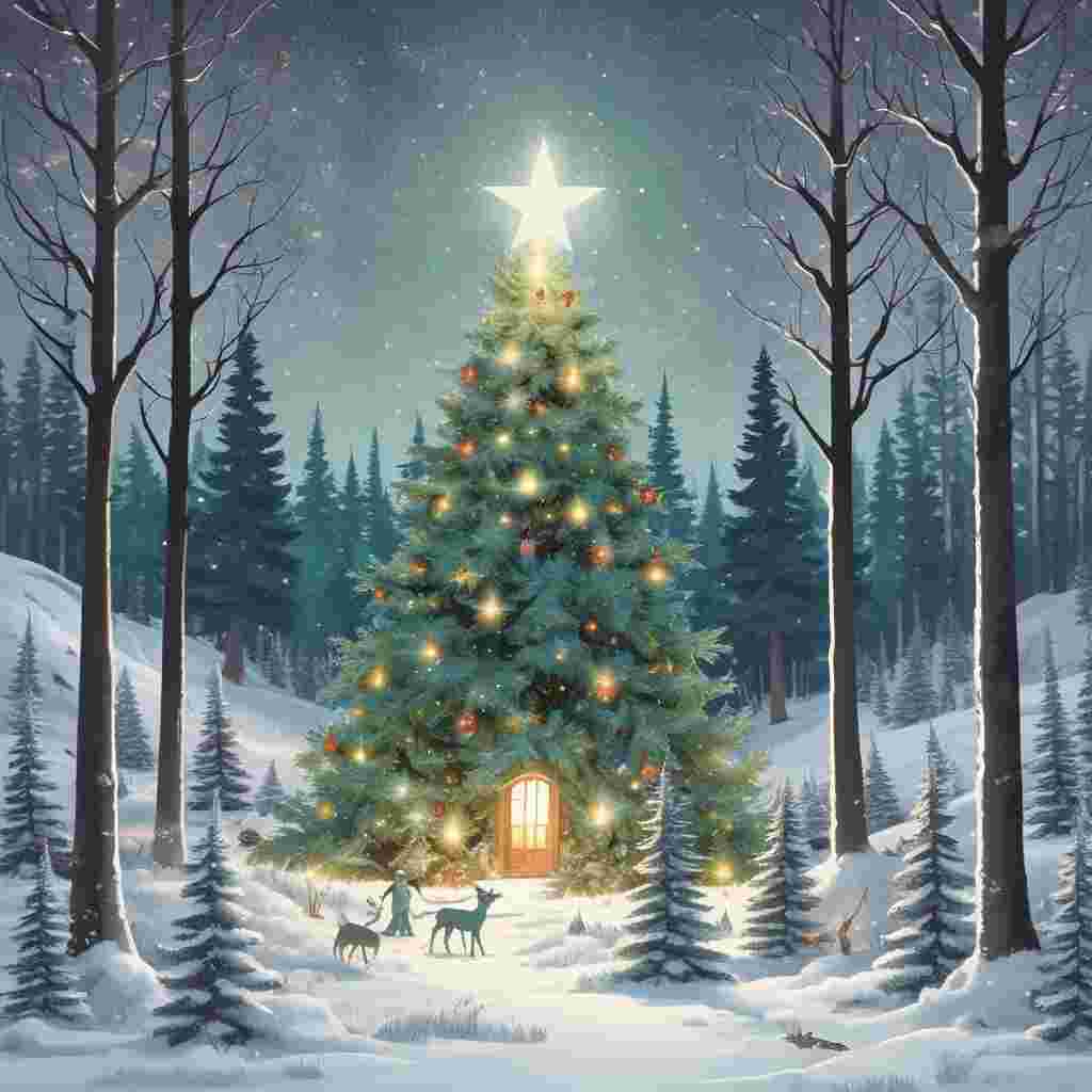 Illustration Solemn, Create a solemn illustration for the New Year. The focal point is a radiant Christmas tree, nestled in a snowy forest clearing, its branches glimmering with festive lights. Up in the sky, a lone star shines brightly, adding a touch of glimmer to the serene atmosphere. Surrounding the tree in a peaceful gathering are diverse forest dwellers, including a Robin, Rabbit, Fox, Bear, and Deer, caught in a moment of quiet respect. The landscape projects a calm holiday spirit, enhanced by the gentle snowfall and muted echoes of the forest.
Generated with these themes: Christmas , Christmas tree, Robin , Woodland, Christmas lights, Star, Sparkle , Rabbit, Fox, Bear, Deer, Woodland, and Snow.
Made with ❤️ by AI.