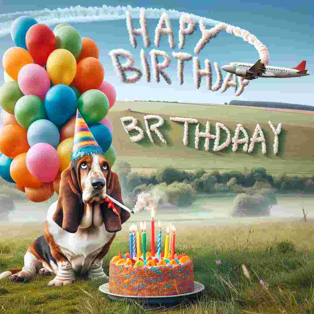 A quaint countryside scene with a Basset Hound wearing a party hat, surrounded by colorful balloons and a birthday cake with candles. 'Happy Birthday' is written in the sky by a plane's smoke trail.
Generated with these themes: Basset Hound  .
Made with ❤️ by AI.