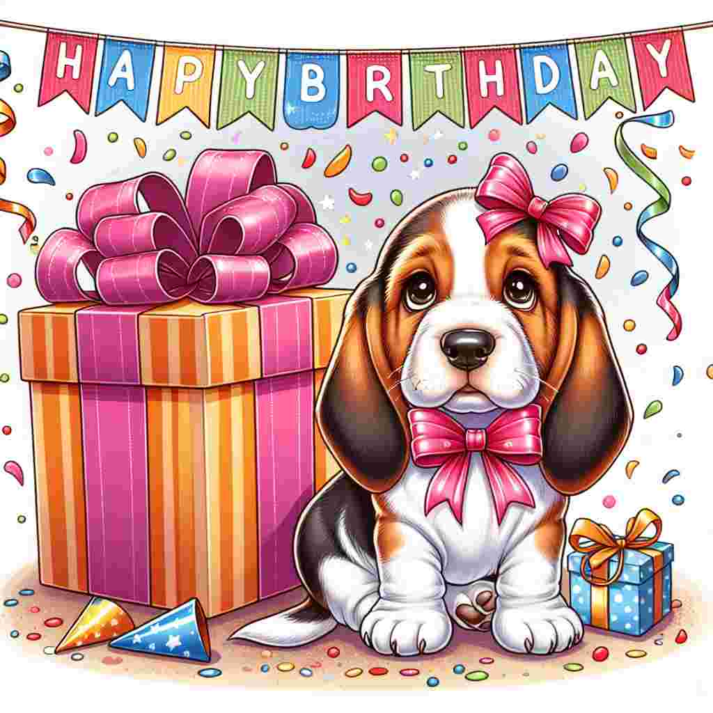 A cartoon-style drawing of a Basset Hound puppy with a birthday ribbon around its neck, sitting in front of a large gift box. Confetti is falling around and a banner with 'Happy Birthday' hangs above.
Generated with these themes: Basset Hound  .
Made with ❤️ by AI.