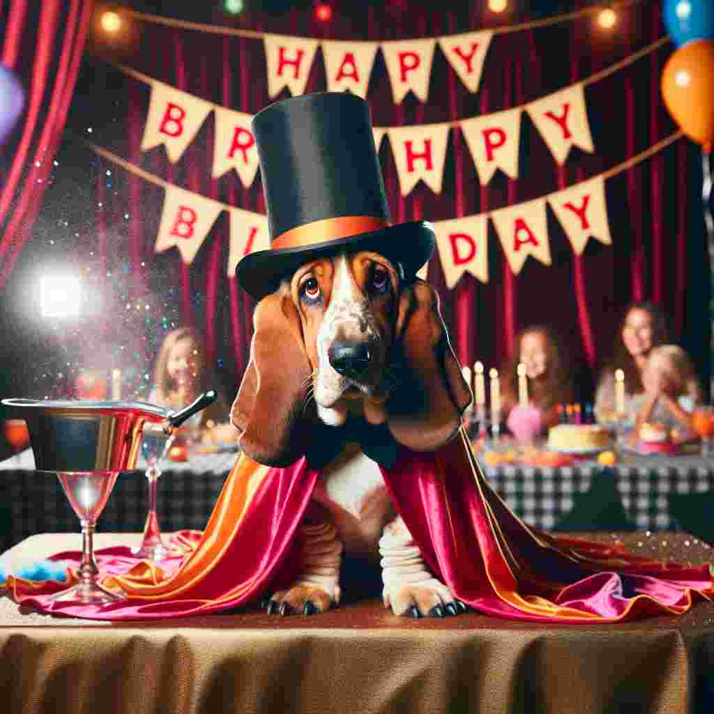 A playful Basset Hound dressed as a magician, with a cape and a magician's hat, performing tricks at a birthday party. 'Happy Birthday' is written on the stage curtain behind the festive scene.
Generated with these themes: Basset Hound  .
Made with ❤️ by AI.