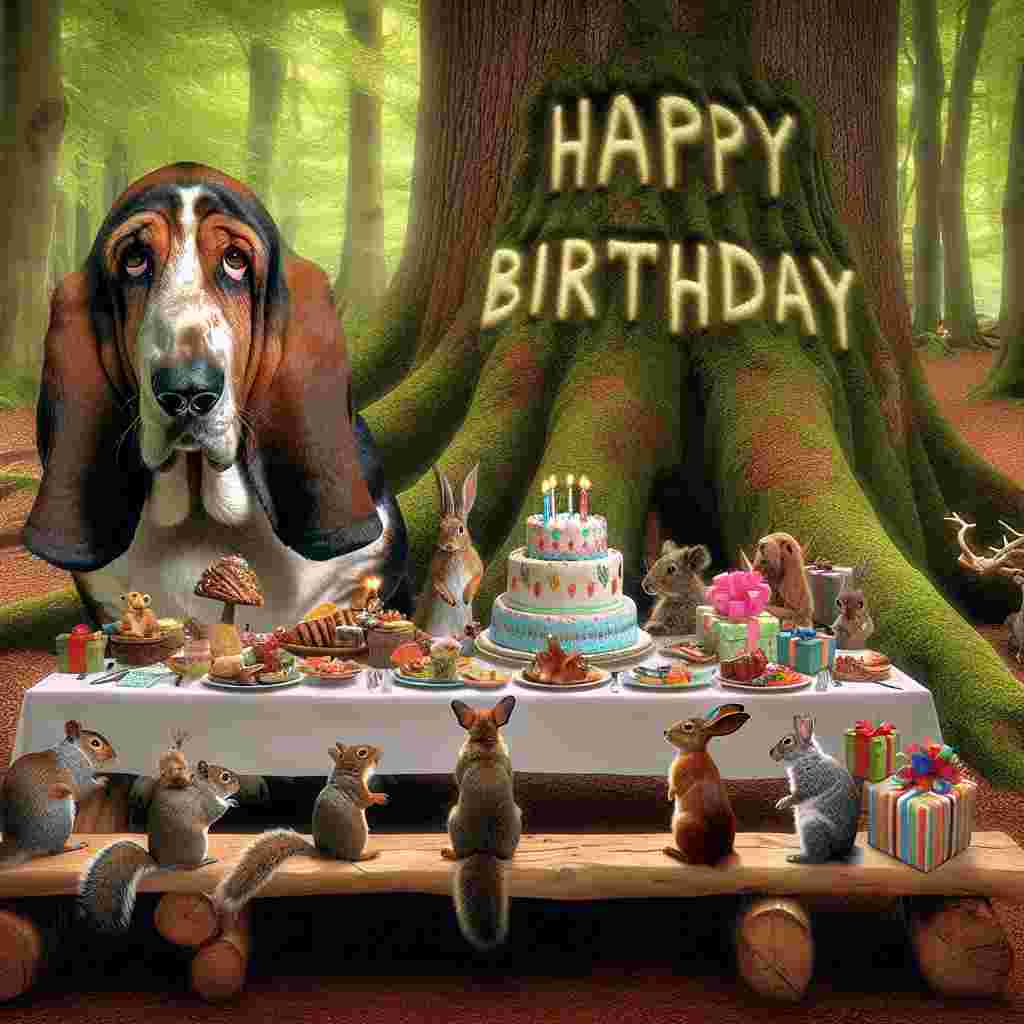 A whimsical forest setting where a Basset Hound is seated at a picnic table with forest animals. There's a birthday spread on the table, and 'Happy Birthday' is carved into the trunk of a tree in the background.
Generated with these themes: Basset Hound  .
Made with ❤️ by AI.