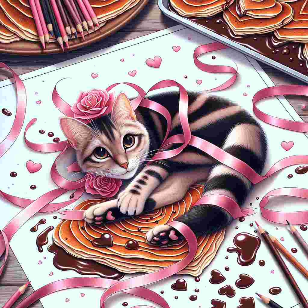 A heart-warming scene is portrayed featuring a graceful, sleek cat tangled gently in pink ballet ribbons. The feline rests next to a pile of heart-shaped pancakes with a golden-brown hue, lusciously drizzled with decadent chocolate sauce. An expression of curiosity illuminates the cat's eyes as it gazes at a colouring book laid out on the table, the pages containing finely detailed patterns waiting to be coloured with bright pinks and reds. Clearly visible footprints mimic the movements of a ballet dance leading into the kitchen, where chocolate flakes form a temporary dance floor that complements the overarching theme of Valentine's Day, suffused with affection and sweetness.
Generated with these themes: Cat, Ballet, Pancake, Colouring, Pink, and Chocolate.
Made with ❤️ by AI.