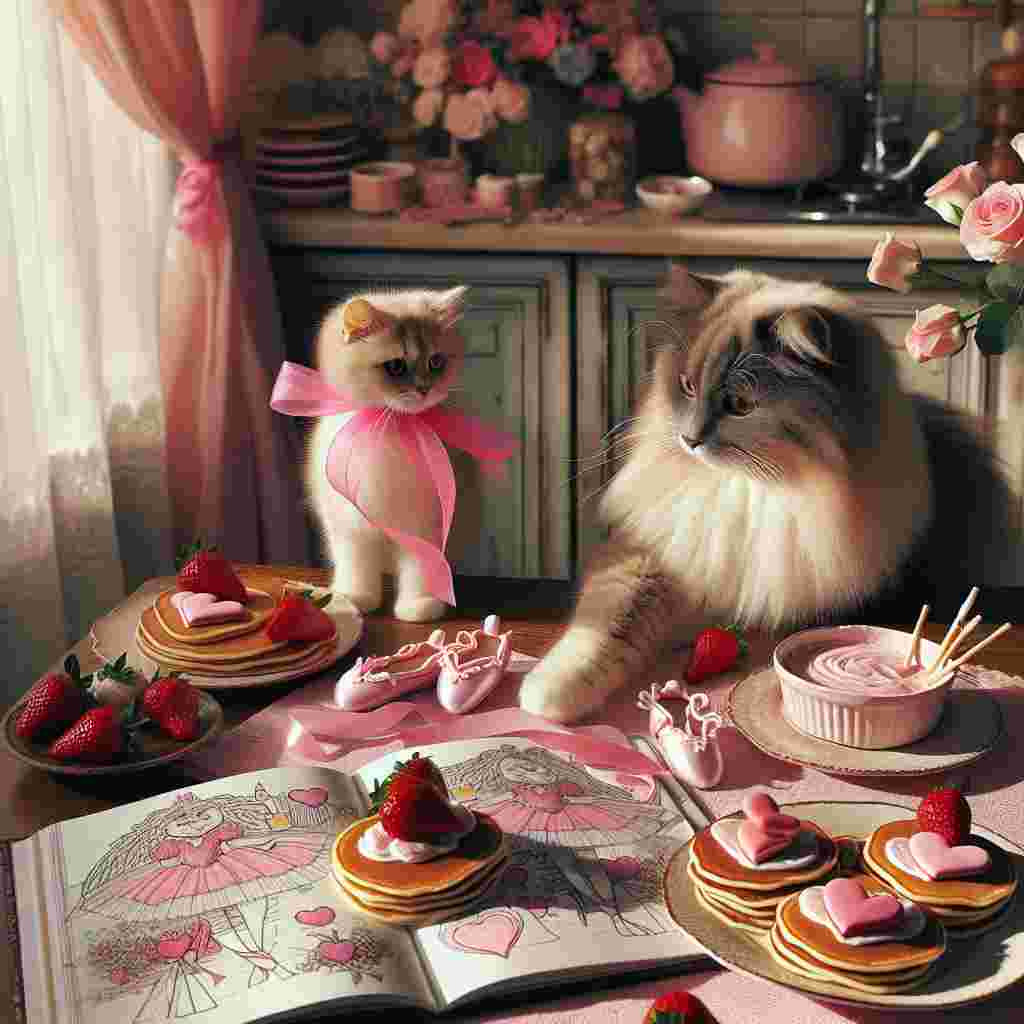 Visualize a warm, inviting kitchen backdrop. In the scene, a fluffy and attractive cat with a silky pink band around its neck is amusingly interacting with a heart-shaped piece of chocolate that has rolled onto the ground. The table is covered with a pink cloth that twins the ribbon's color and adorned with piles of pancakes in heart shapes topped off with fresh strawberries and dollops of whipped cream. A collection of icing ballet slippers, used as decoration for another set of theme-based pancakes, are positioned on the kitchen counter. Sunlight softly filters in, illuminating a colouring book open to pages filled with sketches inspired by love, contributing to the overall quaint and romantic ambiance.
Generated with these themes: Cat, Ballet, Pancake, Colouring, Pink, and Chocolate.
Made with ❤️ by AI.