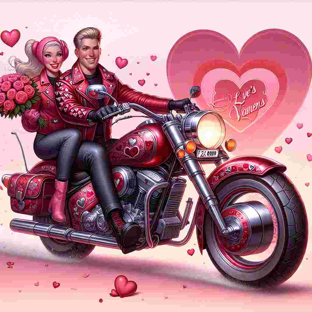 Create an image that emulates the spirit of Valentine's Day. The focal point is a shiny red motorbike in the center, featuring a unique license plate with the letters and numbers 'V2 ODD'. Sitting on the motorbike is a Caucasian male rider with a big smile on his face, dressed in a heart-patterned leather jacket. Behind him is a Caucasian female passenger, distinguished by her blonde hair styled in playful pigtails and her pink helmet. She is holding a bouquet of roses tightly. The background is a gentle blend of pink and red hues, with subtle heart motifs floating around to emphasize the romantic atmosphere.
Generated with these themes: Red Harley Davidson motorbike, Registration V2 ODD, and Male Rider and blonde passenger .
Made with ❤️ by AI.
