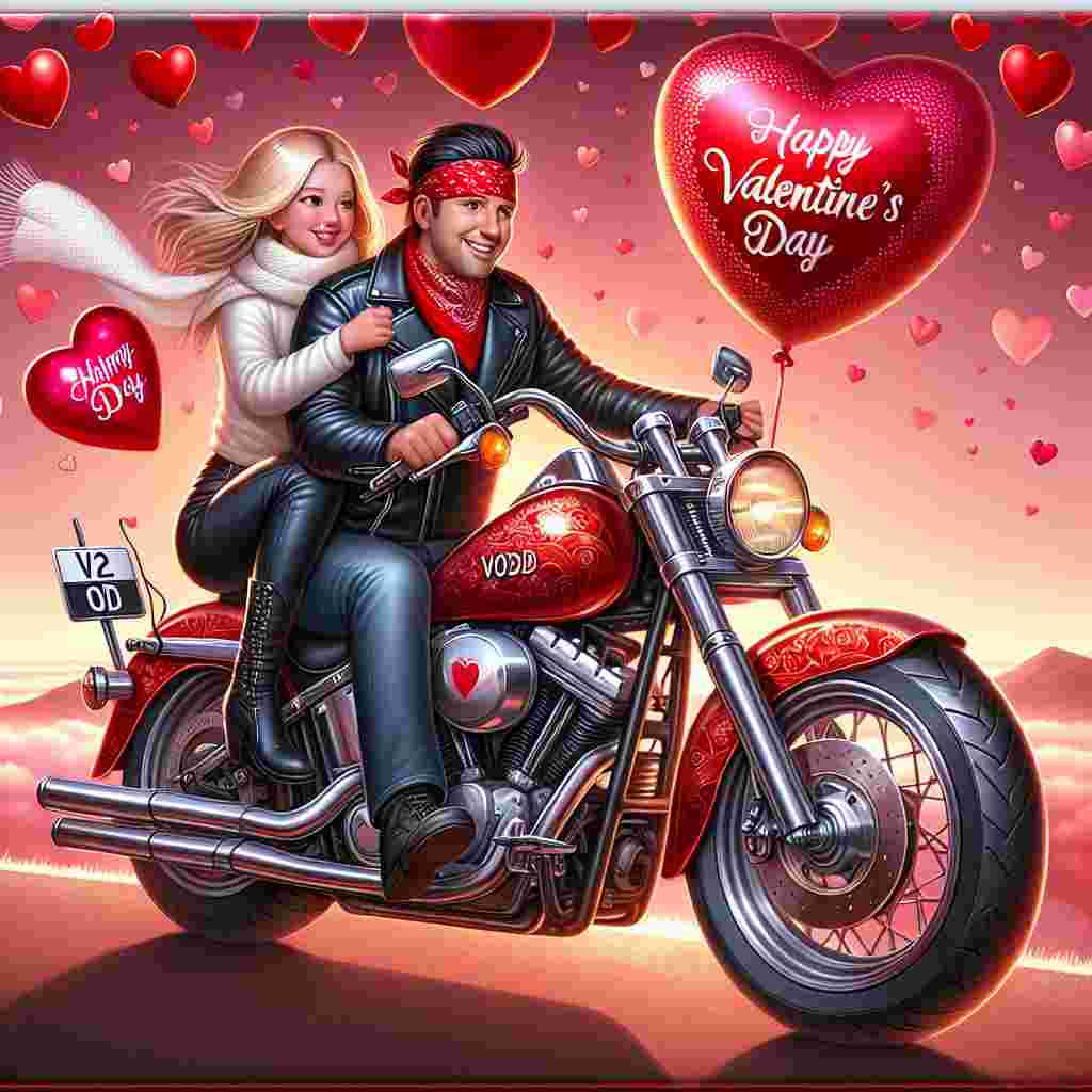 In this delightful Valentine's Day themed artwork, a shiny red motorcycle with an identifying plate reading V2 ODD becomes the focus. The bike is ridden by a well-dressed man sporting a Valentine-themed bandana, whereas a happy woman with blonde hair, dressed in a white scarf and holding a heart-shaped balloon, embraces him around the midsection. They are positioned against a background of a horizon adorned with heart patterns, the sky awash with tones of pink and red, embodying the essence of affection and partnership on this extraordinary day.
Generated with these themes: Red Harley Davidson motorbike, Registration V2 ODD, and Male Rider and blonde passenger .
Made with ❤️ by AI.
