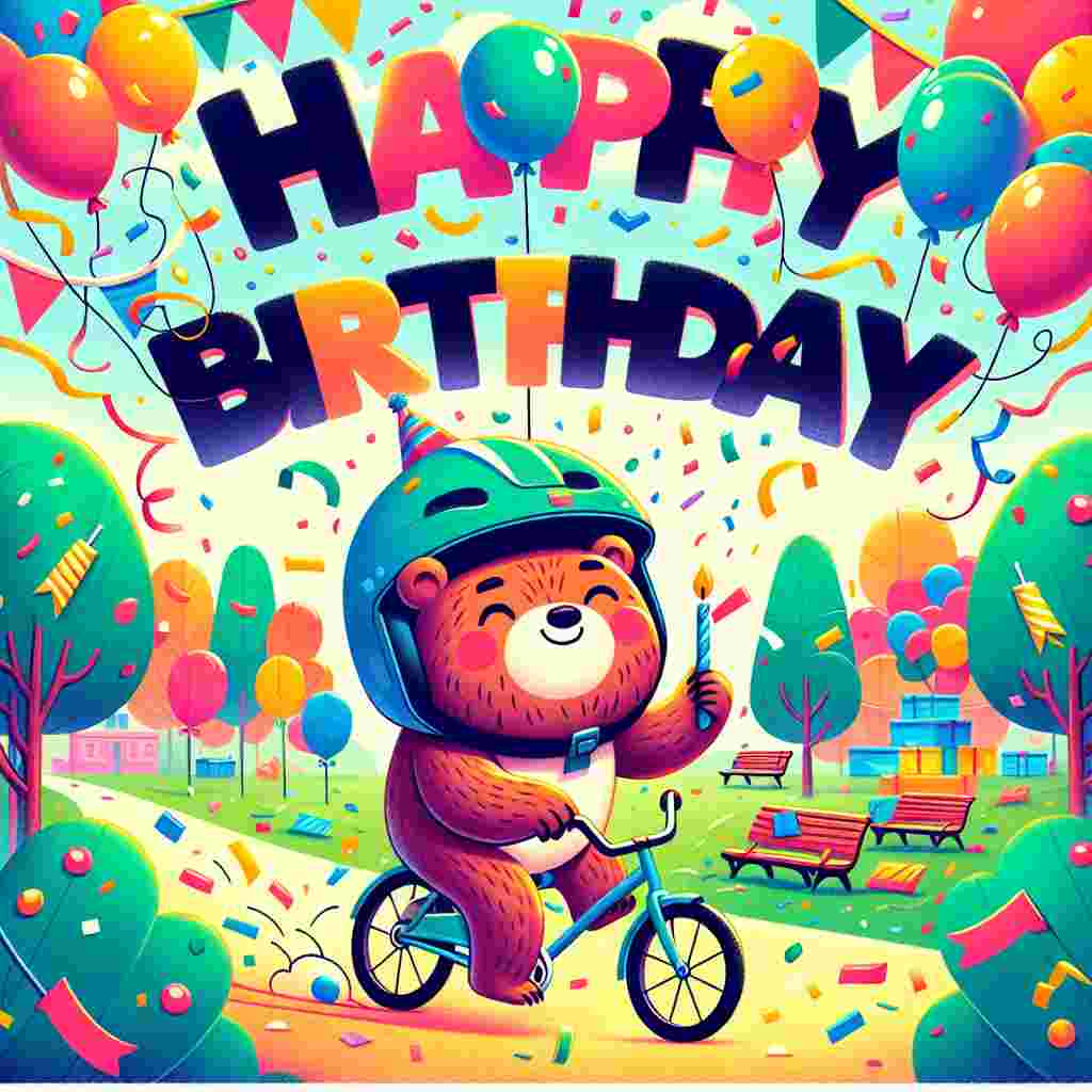 A colorful birthday card featuring a cartoonish illustration of a cheerful bear wearing a helmet, cycling through a park filled with balloons, streamers, and confetti. 'Happy Birthday' is written in playful, bold letters in the sky.
Generated with these themes: cycling  .
Made with ❤️ by AI.