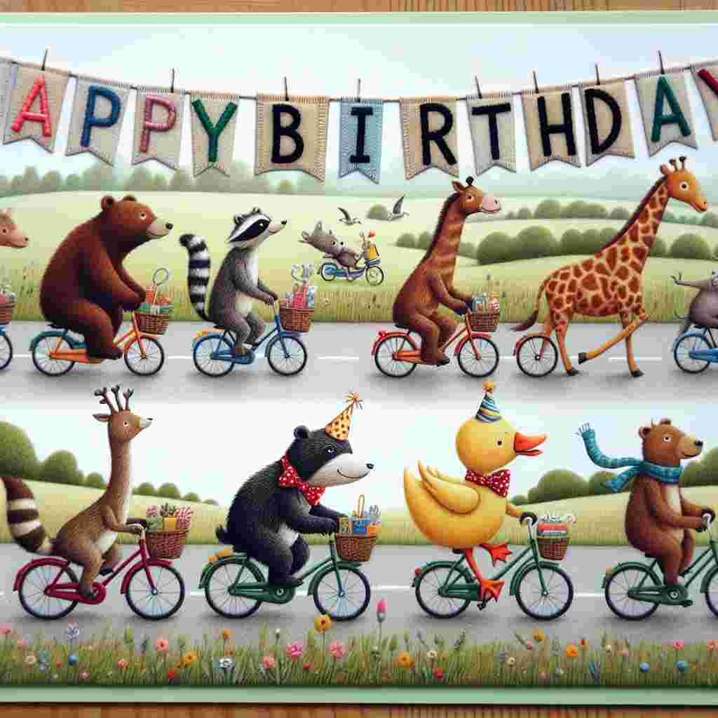 A delightful birthday illustration portrays a parade of diverse animals cycling on a countryside road, led by a joyous duck in a bow tie. Above them, the text 'Happy Birthday' is draped across the scene, stitched into a fluttering pennant.
Generated with these themes: cycling  .
Made with ❤️ by AI.