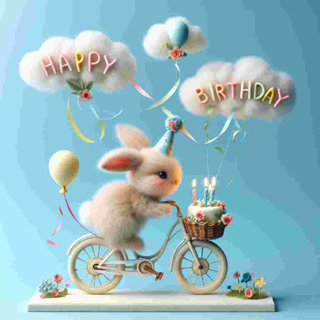 A whimsical drawing showcases a bunny in a birthday hat riding a bicycle decked out with streamers and flowers. A balloon-tied basket carrying a tiny birthday cake is attached to the bike. Overhead, clouds spell out 'Happy Birthday'.
Generated with these themes: cycling  .
Made with ❤️ by AI.