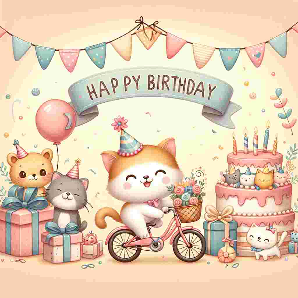 An endearing birthday scene depicts a group of animals on bicycles, the central one being a kitten with a party hat, pedaling gleefully. The warmly-lit background holds a banner that reads 'Happy Birthday', surrounded by cake and gifts.
Generated with these themes: cycling  .
Made with ❤️ by AI.