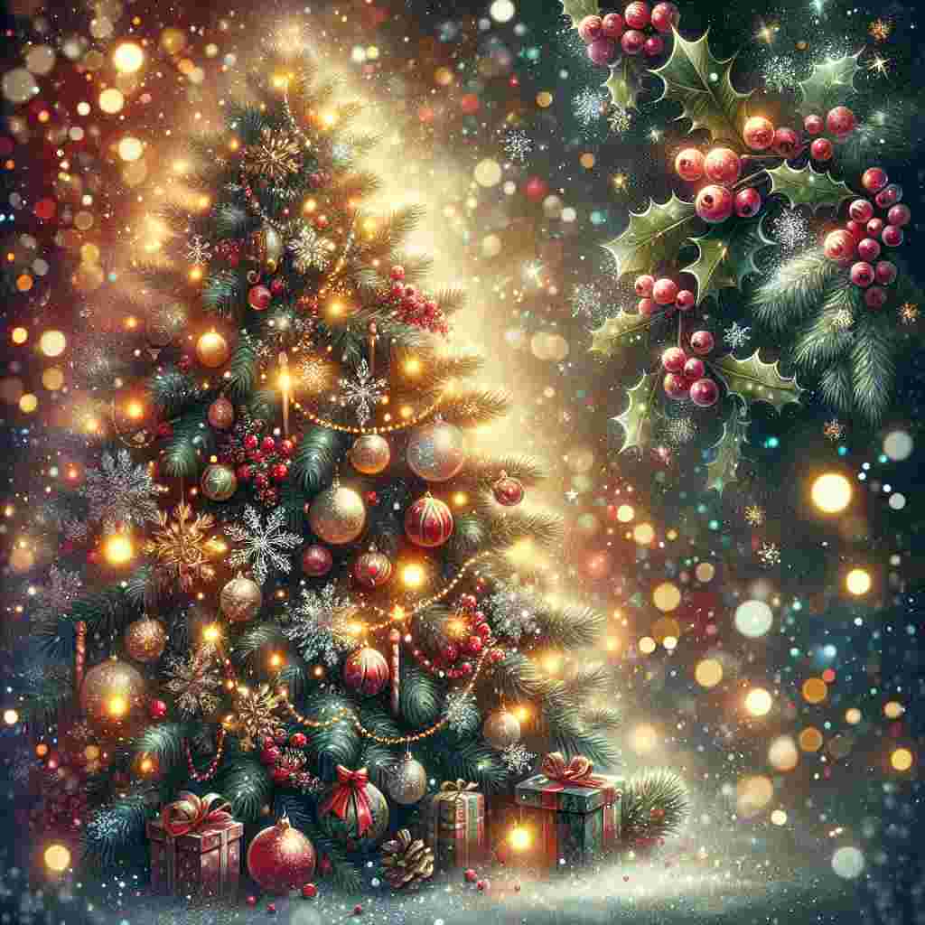 Create an enchanting illustration with a New Year's theme that radiates happiness and warmth. The centerpiece of the image is a bountiful Christmas tree, glittering with lights and decoration. The symbols of the holiday season like holly berries punctuate the scene with lively hints of red. Gently falling snowflakes add to the charm as they calmly settle on tree branches and the ground, establishing a tranquil and festive ambiance.
Generated with these themes: Christmas tree, Holly berries, and Snaow.
Made with ❤️ by AI.