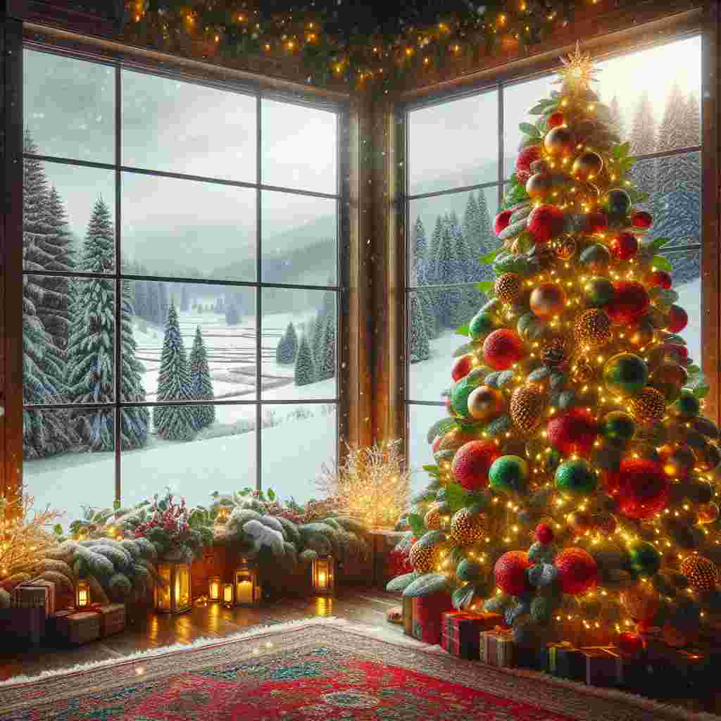 Imagine an image capturing the warmth and coziness of a New Year celebration. In the center of the setting is a magnificent Christmas tree, radiantly decorated with glistening lights and colorful baubles. Tucked within the tree branches are clusters of holly berries, their brilliant red color forming a contrasting visual against the tree's green foliage. This indoor scene overlooks a wintry landscape outside the window, where flurries of snow are seen softly falling from the gray sky. The idyllic outdoors, cloaked in a peaceful blanket of white, adds to the holiday cheer indoors, symbolizing the arrival of a brand new year.
Generated with these themes: Christmas tree, Holly berries, and Snaow.
Made with ❤️ by AI.