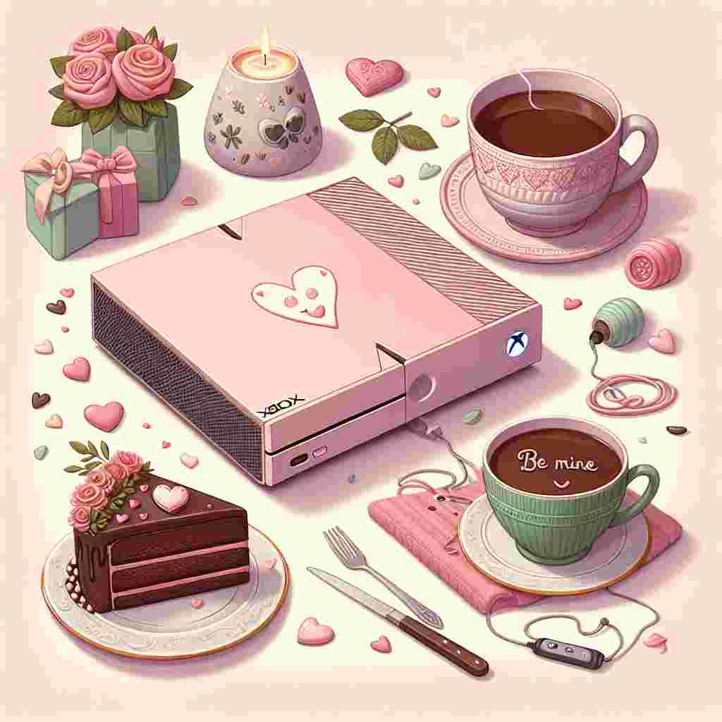 Create a charming Valentine's Day illustration featuring a cozy setting. Just imagine a pastel pink Xbox console, decorated with a tiny heart detail, signifying a deep affection for video games. Next to it, there's a slice of an indulgent chocolate cake sitting gracefully on a fine plate, bearing a tactful 'Be Mine' message in sweet icing. On the side, there's a steaming mug of tea, signaling warmth and relaxation while surrounded by a scattering of romantic rose petals.
Generated with these themes: Xbox, Cake, and Cup of tea.
Made with ❤️ by AI.