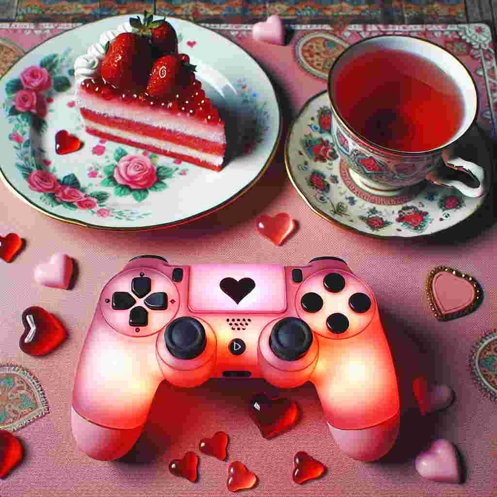 Create a whimsical scene with a valentine's day theme. In the center of the scene, there should be a luminous red video game controller, with its buttons shaped like hearts. In the backdrop, position an enticing piece of strawberry cake resting on a patterned festive plate. Further back, place a vintage cup filled with the aromatic rose tea. The overall atmosphere should reverberate with romantic vibes, embodying a playful yet passionate tribute to Valentine's Day.
Generated with these themes: Xbox, Cake, and Cup of tea.
Made with ❤️ by AI.