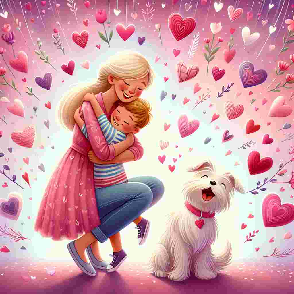 A warm, love-filled scene under the delicate pink and purple hues of Valentine's Day. In the middle, there is a joyfully radiant Caucasian mother lovingly encircling her arms around her blond-haired son named Lewis, pulling him in for a tender hug. Surrounded by a waterfall of whimsical hearts of different sizes and colors, their small pet dog, Maisie, a fluffy white terrier, happily sits by their side, tail wagging enthusiastically. This heartfelt illustration beautifully captures the mother's profound affection for her son and the family's beloved pet on this day dedicated to love.
Generated with these themes: Loves her son called Lewis and her small pet dog call Maisie .
Made with ❤️ by AI.