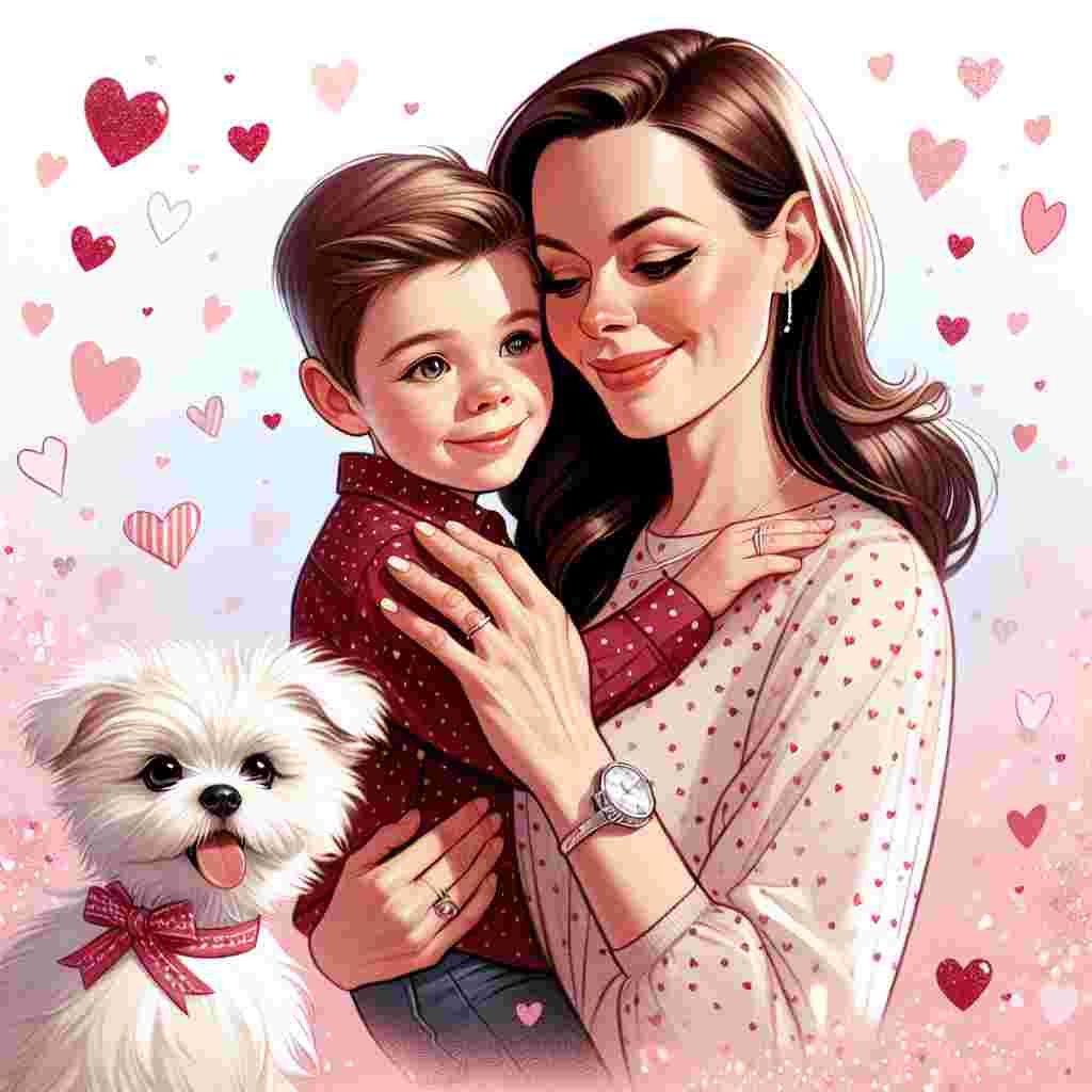 A heartwarming Valentine's Day illustration that captures a young Caucasian mother with a tender smile. She is holding her South Asian son who is named Lewis close to her heart. They are basked in a flurry of soft pink and red hearts that shimmer against a pale, rosy backdrop. A small pet dog named Maisie with a playful bow adorns the scene, gazing up at them with adoring puppy eyes. The delicate touch of the mother's hand onto her son and pet, along with the joyful and loving atmosphere depicted, communicates her deep affection for both of them.
Generated with these themes: Loves her son called Lewis and her small pet dog call Maisie .
Made with ❤️ by AI.