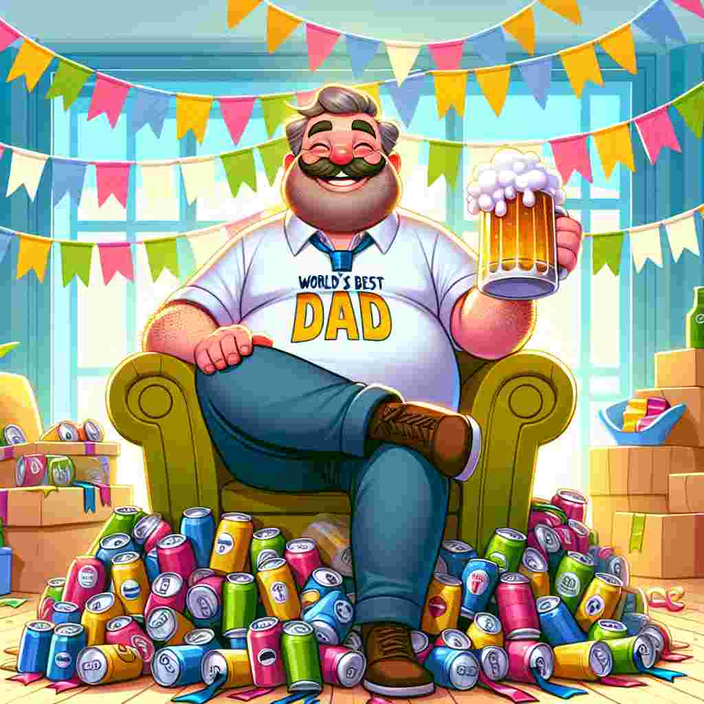 Picture a bright and colorful cartoon-style living room brimming with charming Father's Day decorations. You can see banners thronging the area, accompanied by quirky paper cutouts of ties and mustaches. Sitting triumphantly in the center of the room, there's a delighted, rotund man with thinning hair and a stubble. His expression is merry as he's comfortably seated atop a playful pile of beer cans, each one a different shade. He's wearing a snug, joyful t-shirt which reads 'World's Best Dad' and is leisurely sipping from a mug of foam-topped beer, a spark of mischief dancing in his eyes.
Generated with these themes: Fat balding man with stubble beard sitting on a pile of beer.
Made with ❤️ by AI.