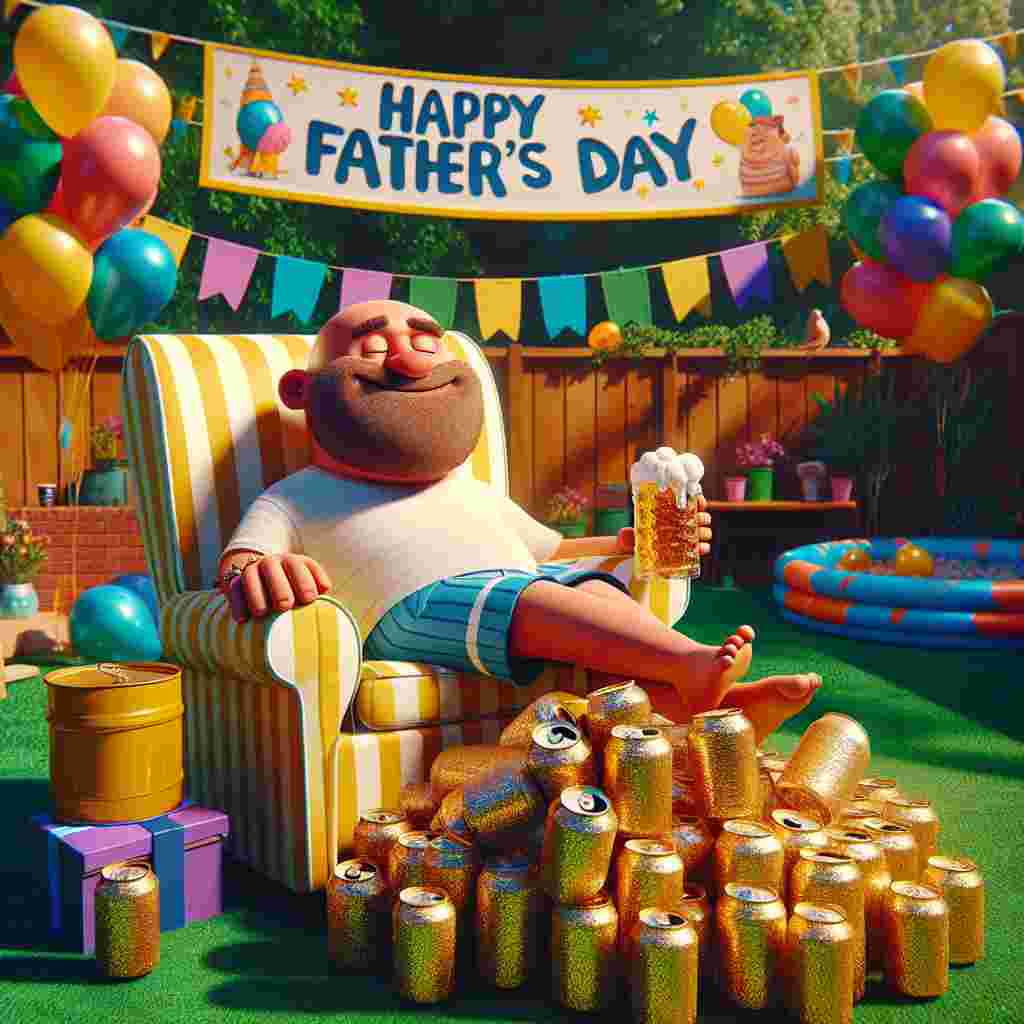 A vibrantly colored backyard under the bright sunlight is decorated with colorful balloons and streamers announcing 'Happy Father's Day'. In the middle of the scene, a cartoon man of rounded shape with a bald head and stubble beard is portrayed. He's seen wearing a casual white tee and striped shorts, lounging in a whimsically oversized armchair. Below him is a comically large pile of shimmering golden beer cans that reflect the warm sunlight. His broad, satisfied grin suggesting a day of relaxation and joy.
Generated with these themes: Fat balding man with stubble beard sitting on a pile of beer.
Made with ❤️ by AI.