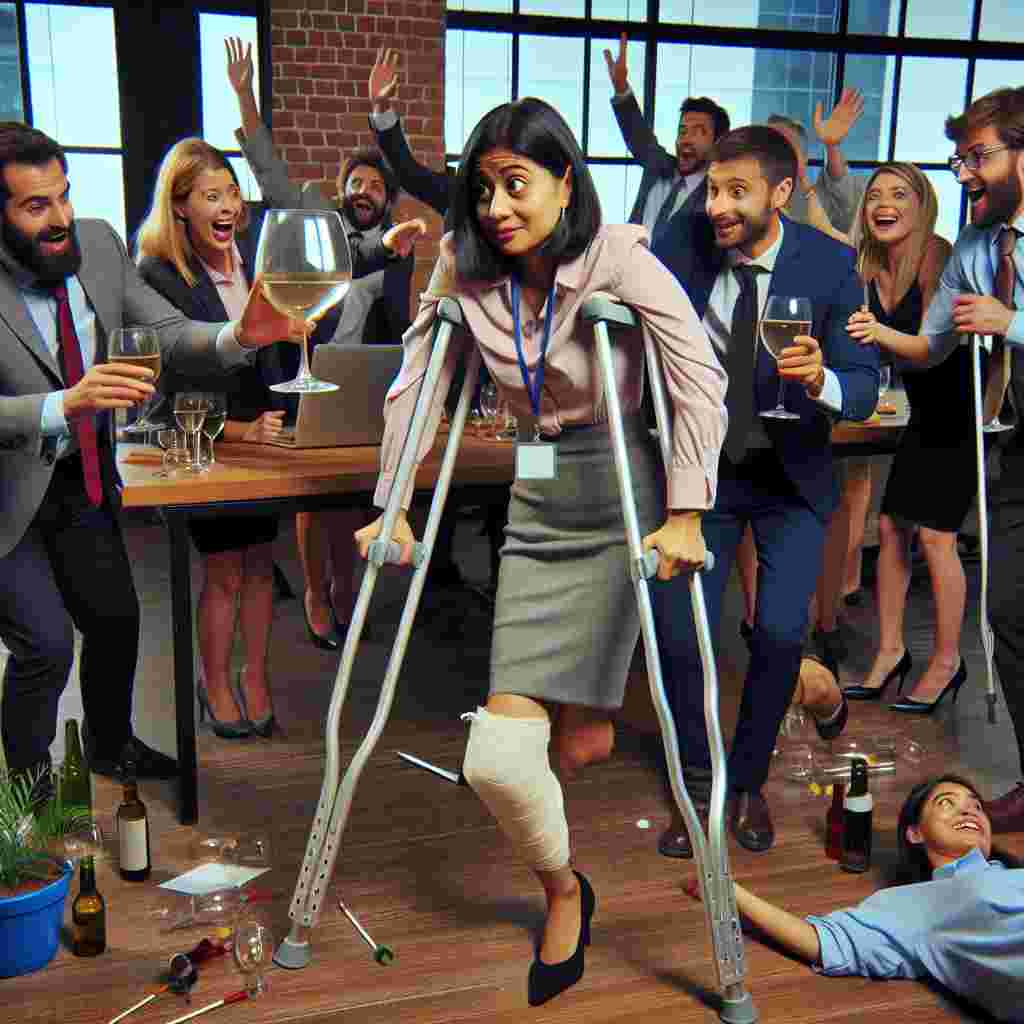 Generate an image of a humorous scene depicted in an office setting. In this scene, a South Asian female office worker on crutches attempts to navigate through a lively after-hours office party. A comically oversized wine glass is balanced precariously on one of her crutches, while her Caucasian and Hispanic male colleagues cheer her on with good spirit. Her bemused expression and the chaotic, fun-filled office environment serve to evoke empathy in a light-hearted, humorous way.
Generated with these themes: Wine glass , Crutches , Office, and Funny.
Made with ❤️ by AI.