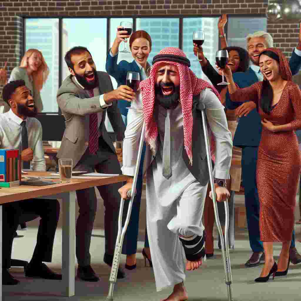 Imagine a vibrant scene in an office setting. A Middle-Eastern character is hobbling towards their workspace using a pair of crutches, their face etched with an exaggerated frown. Surrounding them, the office atmosphere buzzes with joy and camaraderie. A group of colleagues, of varied descents such as Caucasian, Hispanic and Black with a balanced proportion of males and females, celebrate cheerfully, toasting with wine glasses. One of their colleagues, a joyful and playful South Asian woman, even extends a wine glass towards the injured individual. The stark contrast between the cheerful ambiance and the individual's predicament creates a sense of empathy, tickling one's humorous side.
Generated with these themes: Wine glass , Crutches , Office, and Funny.
Made with ❤️ by AI.