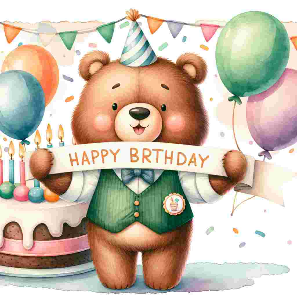 A whimsical watercolor scene features a cheerful bear holding a banner that reads 'Happy Birthday,' with a small badge on the bear's vest saying 'Son in Law.' Balloons and a cake with candles decorate the background, imbuing the image with a festive mood.
Generated with these themes: son in law  .
Made with ❤️ by AI.