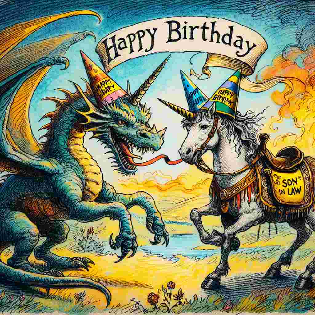 A vibrant hand-drawn illustration presents a fantasy landscape with a unicorn and a dragon wearing party hats. A ribbon unfurls from the dragon's mouth, displaying 'Happy Birthday,' while a saddle on the unicorn reads 'Son in Law' amidst the magical setting.
Generated with these themes: son in law  .
Made with ❤️ by AI.