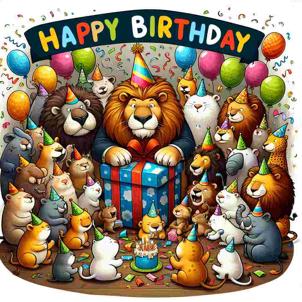 A digital cartoon illustration shows a group of frolicking animals with party hats. In the center, a lion, labeled 'Son in Law,' is opening a gift. Above them, the text 'Happy Birthday' floats amongst colorful confetti.
Generated with these themes: son in law  .
Made with ❤️ by AI.
