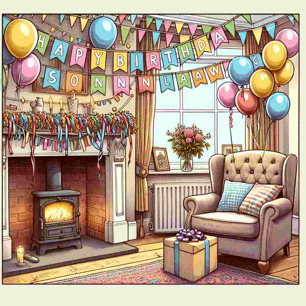 A cozy illustrated scene depicts a living room festooned with streamers and balloons. A plush armchair holds a present with a tag addressed to 'Son in Law,' and a banner above the fireplace cheerily proclaims 'Happy Birthday'.
Generated with these themes: son in law  .
Made with ❤️ by AI.