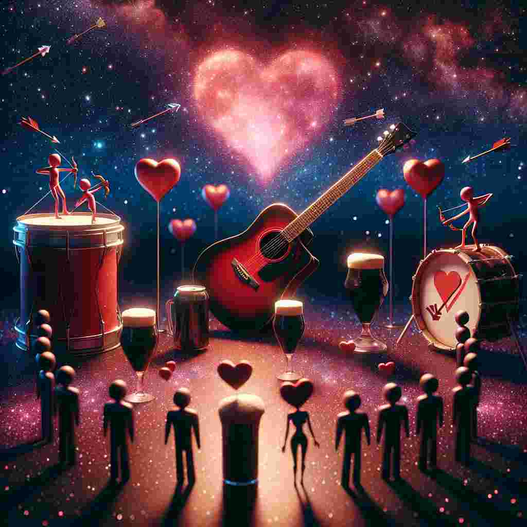 In this heartwarming scene for Valentine's Day, a crimson guitar leans against a starlit cosmic backdrop, uncannily evoking the feel of a far-off galaxy. Drums, decorated with Cupid's arrows, stand ready to play a sweet symphony of love. Around these musical instruments, silhouettes of humanoid figures stand hand-in-hand - their identities unimportant, but their unity paramount, symbolizing a dance of universal love. Each figure raises a toast with a glass of dark stout, the foam forming heart-shaped clouds above their heads, adding a playful nod to both the holiday and this iconic type of brew.
Generated with these themes: Red guitar, Drums, Star wars, and Guiness .
Made with ❤️ by AI.