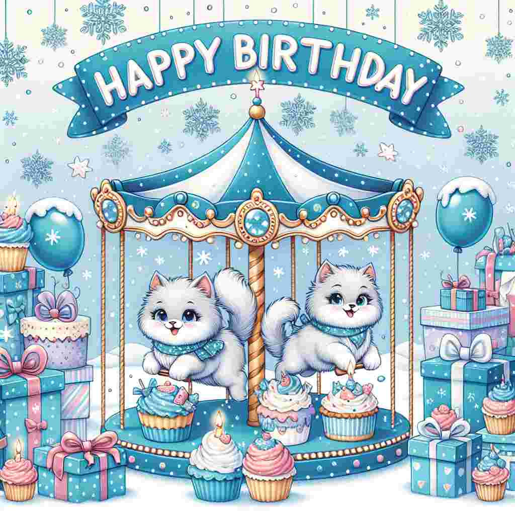 A whimsical illustration where cartoon Siberian cats ride atop a carousel of birthday presents and cupcakes. Delicate snowflakes fall in the background, playing off the Siberian theme, while 'Happy Birthday' is featured prominently in the center in icy blue letters.
Generated with these themes: Siberian Birthday Cards.
Made with ❤️ by AI.