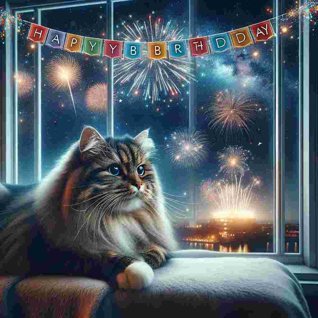 An adorable depiction of a single, majestic Siberian cat sitting before a window, gazing upon a night sky filled with fireworks. A banner with the greeting 'Happy Birthday' hangs across the starlit backdrop, adding a festive touch to the serene scene.
Generated with these themes: Siberian Birthday Cards.
Made with ❤️ by AI.