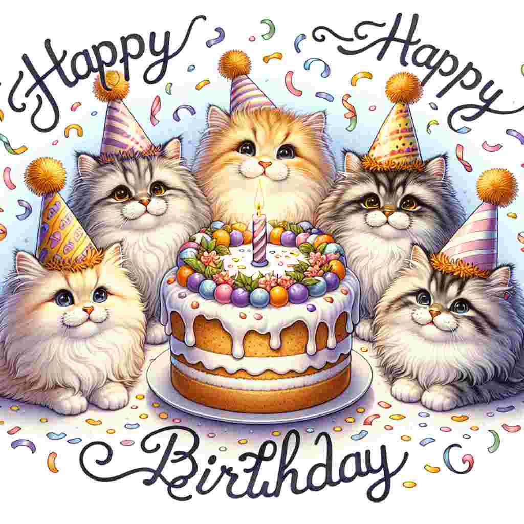 A charming illustration featuring fluffy Siberian cats wearing colorful party hats, gathered around a cake topped with a single candle. The words 'Happy Birthday' are written in whimsical letters, floating like balloons amongst confetti in the background.
Generated with these themes: Siberian Birthday Cards.
Made with ❤️ by AI.