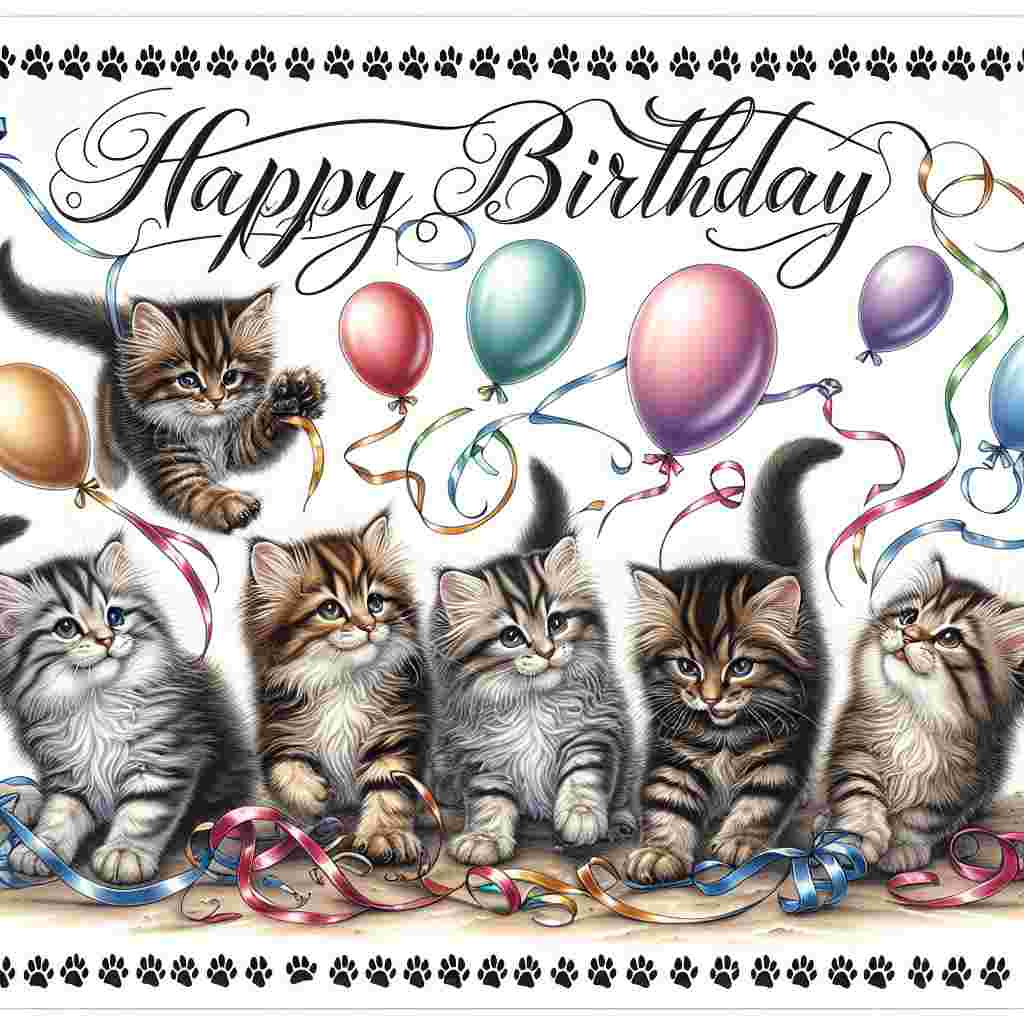 A playful drawing that showcases a group of Siberian kittens playfully batting at birthday ribbons and balloons. The scene is framed by a border of paw prints, with 'Happy Birthday' elegantly scripted across the top of the card.
Generated with these themes: Siberian Birthday Cards.
Made with ❤️ by AI.