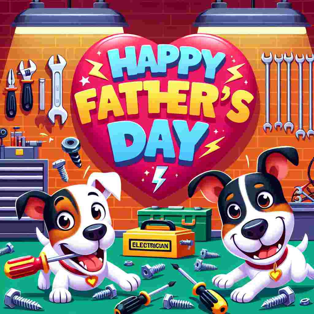 Create a playful Father's Day cartoon scene set in a vibrant garage. Show multiple Jack Russell terriers, one with a coat of tri-colors and another black, white, and tan, scattered across the space. They are mischievously running away with screwdrivers and pliers in their mouths, leaving a trail of bolts and screws behind them. A large heart-shaped sign hangs prominently on the wall with 'Happy Father's Day' brightly emblazoned across it, the sign should exhibit an electrician theme with cartoon style lightning bolts and an electric plug in the center.
Generated with these themes: Electrican dad , Jack Russell stealing tools, Tri colour jack Russell , and Black white and tan jack Russell .
Made with ❤️ by AI.