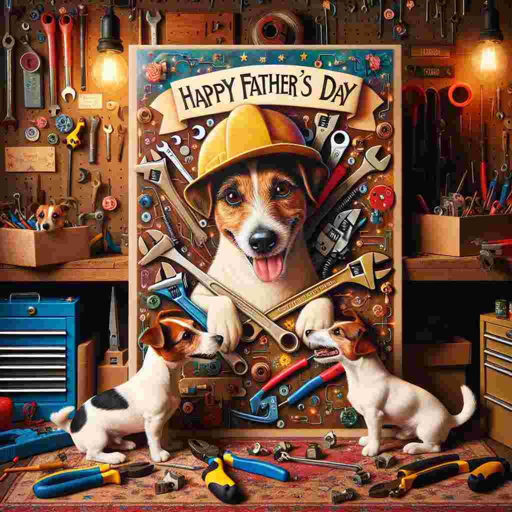 Imagine a warm, animated setting situated inside a snug workshop, tastefully decorated for Father's Day. Present in this delightful chaos are two Jack Russell terriers: one in a tri-color pattern and the other with a black, white, and tan coat. The canines are engaged in playful antics, clutching various electrician tools - wrenches and wire cutters - in their mouths. Tools are haphazardly strewn around as the dogs scamper across the scene. The centerpiece of this tableau is a larger-than-life Father's Day greeting card resting against a toolbox. This card displays a comically sized electrician's hat above a heartfelt message that reads 'Happy Father's Day'. The background of the card is decorated with a myriad of brightly illustrated electrical symbols and circuit designs.
Generated with these themes: Electrican dad , Jack Russell stealing tools, Tri colour jack Russell , and Black white and tan jack Russell .
Made with ❤️ by AI.