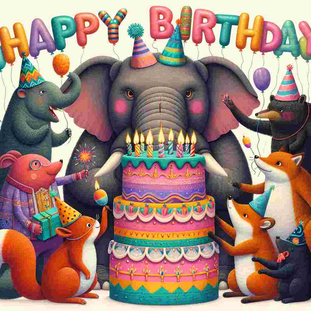 A whimsical illustration featuring a group of anthropomorphic animals wearing party hats, huddled around a large, colorful birthday cake adorned with candles. One of the animals is cheekily trying to steal a taste of the frosting. The text 'Happy Birthday' is stylishly presented in balloon letters floating above the scene.
Generated with these themes: funny  .
Made with ❤️ by AI.