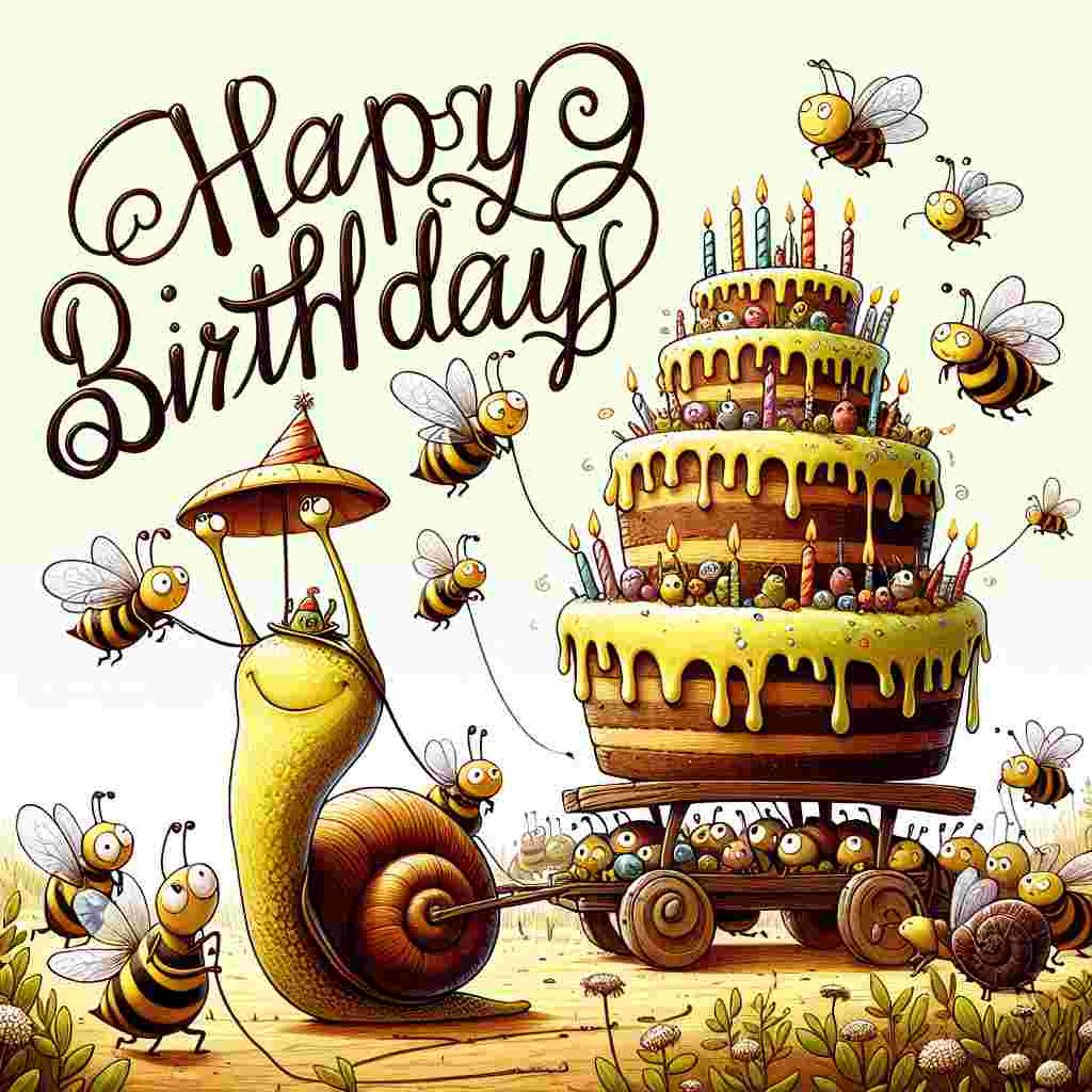 An endearing countryside scene where a band of cartoonish bugs is organizing a surprise party. A snail with a tiny hat is slowly but comically dragging a giant birthday cake, causing others to wait in anticipation. Above them, in charming, curling letters, 'Happy Birthday' is elegantly written, held aloft by a group of busy bees.
Generated with these themes: funny  .
Made with ❤️ by AI.
