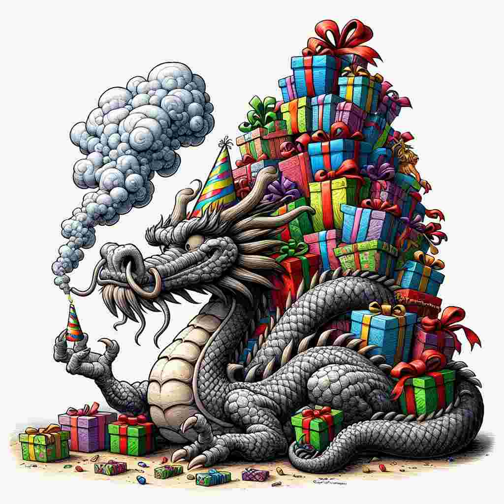 The illustration shows a cartoonish dragon wrapped around a mountain of presents, attempting to wear a too-small party hat with a tongue-in-cheek expression. Puffs of smoke escape in the shape of 'Happy Birthday', which whimsically floats above the entire funny, heartwarming scene.
Generated with these themes: funny  .
Made with ❤️ by AI.