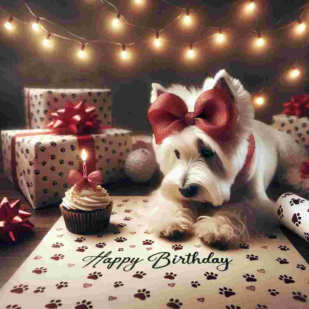 This charming illustration features a West Highland White Terrier with a big, red bow around its neck, pawing at a trail of paw-printed wrapping paper. There's a soft glow of warm string lights overhead, and tucked in the corner is a birthday cupcake with a festive topper. The words 'Happy Birthday' are elegantly scripted just beneath the scene.
Generated with these themes: West Highland White Terrier  .
Made with ❤️ by AI.