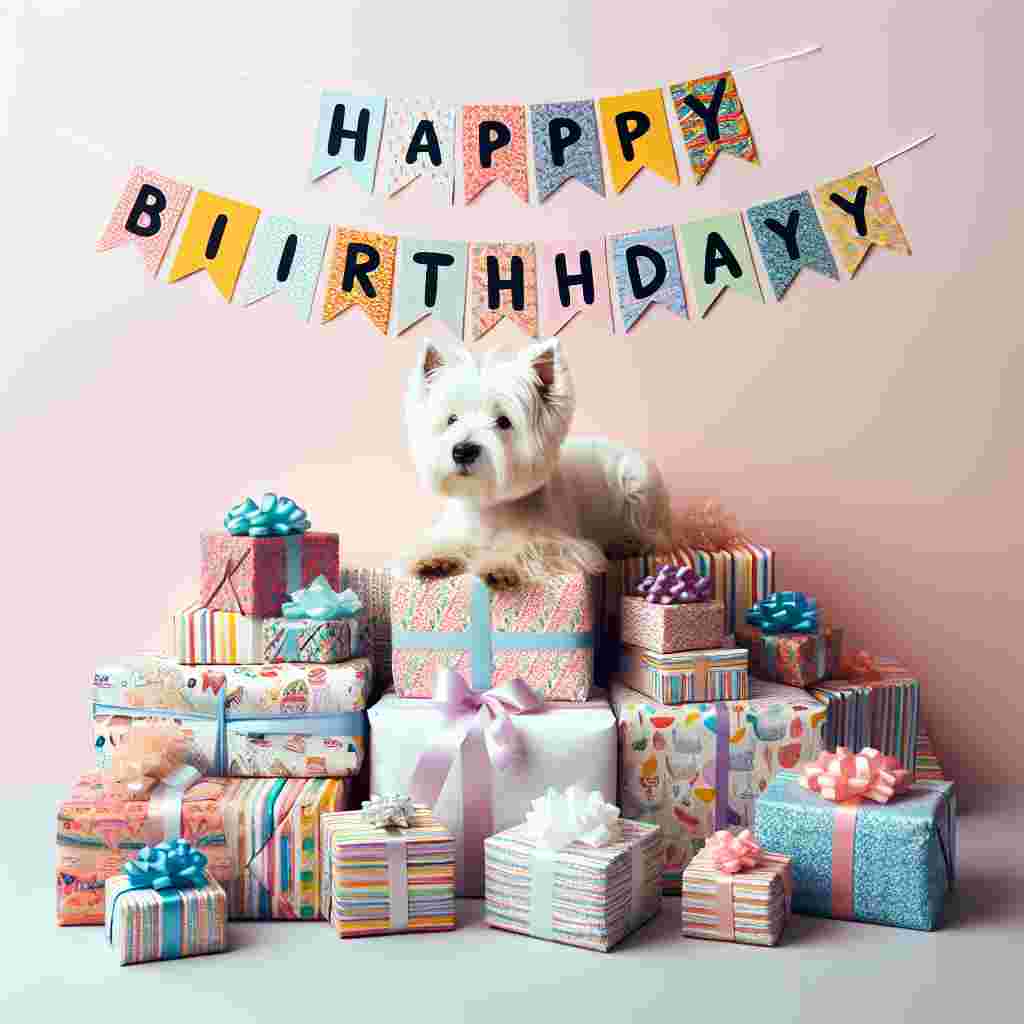 In this whimsical scene, a West Highland White Terrier sits atop a mountain of gifts, each wrapped in bright, patterned paper. The dog's fur is immaculately white, providing a striking contrast to the riot of colors around it. Above the adorable tableau, the text 'Happy Birthday' floats like a banner in a fun, handwritten font.
Generated with these themes: West Highland White Terrier  .
Made with ❤️ by AI.
