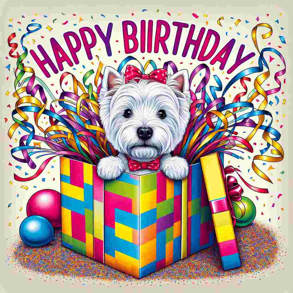 A cute West Highland White Terrier is at the center of this illustration, peeking curiously out of a large, brightly wrapped birthday present. The surrounding area is adorned with streamers and confetti, evoking a sense of celebration, while 'Happy Birthday' is written above in a bouncy, cartoonish font, giving the design a playful feel.
Generated with these themes: West Highland White Terrier  .
Made with ❤️ by AI.