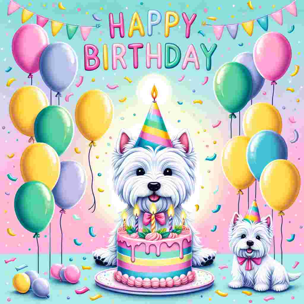A vibrant illustration depicts a joyful West Highland White Terrier wearing a colorful party hat, surrounded by balloons and a cake topped with a single lit candle. The scene is set against a backdrop of pastel confetti, and the bold text 'Happy Birthday' arches above the scene in cheerful, playful lettering.
Generated with these themes: West Highland White Terrier  .
Made with ❤️ by AI.
