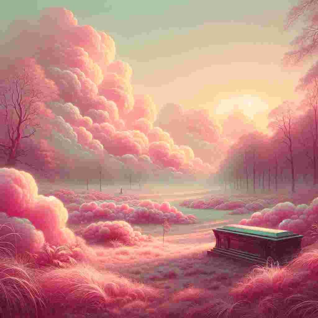 Create a sentimental Valentine's Day themed artwork complete with pink-colored clouds resemblant of cotton candy, set against a mellow-toned sky. The dreamy environment surrounds a park notable for its fresh vegetation, still sparkling with morning dew. Add in an anticlimactic Gothic twist to the otherwise romantic day setting by featuring the resting site of a deceased individual amidst the park scenery.
Generated with these themes: Pink clouds, and Dead guy in the park.
Made with ❤️ by AI.