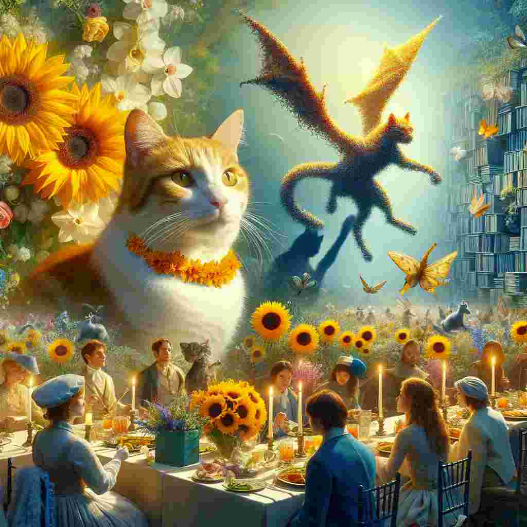 Visualize an enchanting clearing, carrying an air of mysticism often associated with India, where a magical wedding scene comes to life. On one side, a white and ginger cat sits proudly, adorned with a necklace of blooming daffodils, overseeing the celebration. Guests savour their meals at tables beautifully adorned with bright sunflowers embodying the warmth and brightness of the sun in their vivid petals. In the background, a shape resembling a dragon flies forming fun shadows over stacks of opened books signifying tales of romance and adventure. Every piece subtly merges into the backdrop, forming a vivid scene that confuses the boundary between dream and reality.
Generated with these themes: White and ginger cat , India, Daffodil , Sunflowers , Dragon, and Books.
Made with ❤️ by AI.