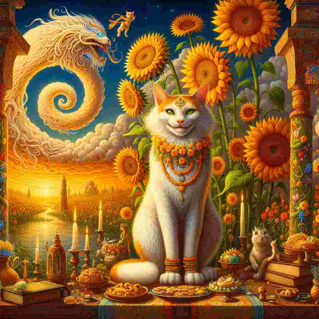 An enchanting and whimsical wedding scene unfolds against the serene beauty of a vibrant Indian landscape, painted with the soft, warm hues of a setting sun. Situated in the center is an unusual sight - a dignified white and ginger cat adorned with a tiny, delicate daffodil garland, grinning knowingly toward anyone who meets its gaze. Around this feline character, sunflowers like organic skyscrapers springing forth, spiraling and twisting towards the sky like benevolent guardians. Hovering in the sky above, a majestic and illuminated dragon weaves in and out of voluminous clouds, each of its scales catching and reflecting an ethereal, glowing light. Strewn beneath tables filled with festive delicacies are ancient books, each page filled with intrigue and mystique that adds to the overall charm of this captivating wedding illustration.
Generated with these themes: White and ginger cat , India, Daffodil , Sunflowers , Dragon, and Books.
Made with ❤️ by AI.