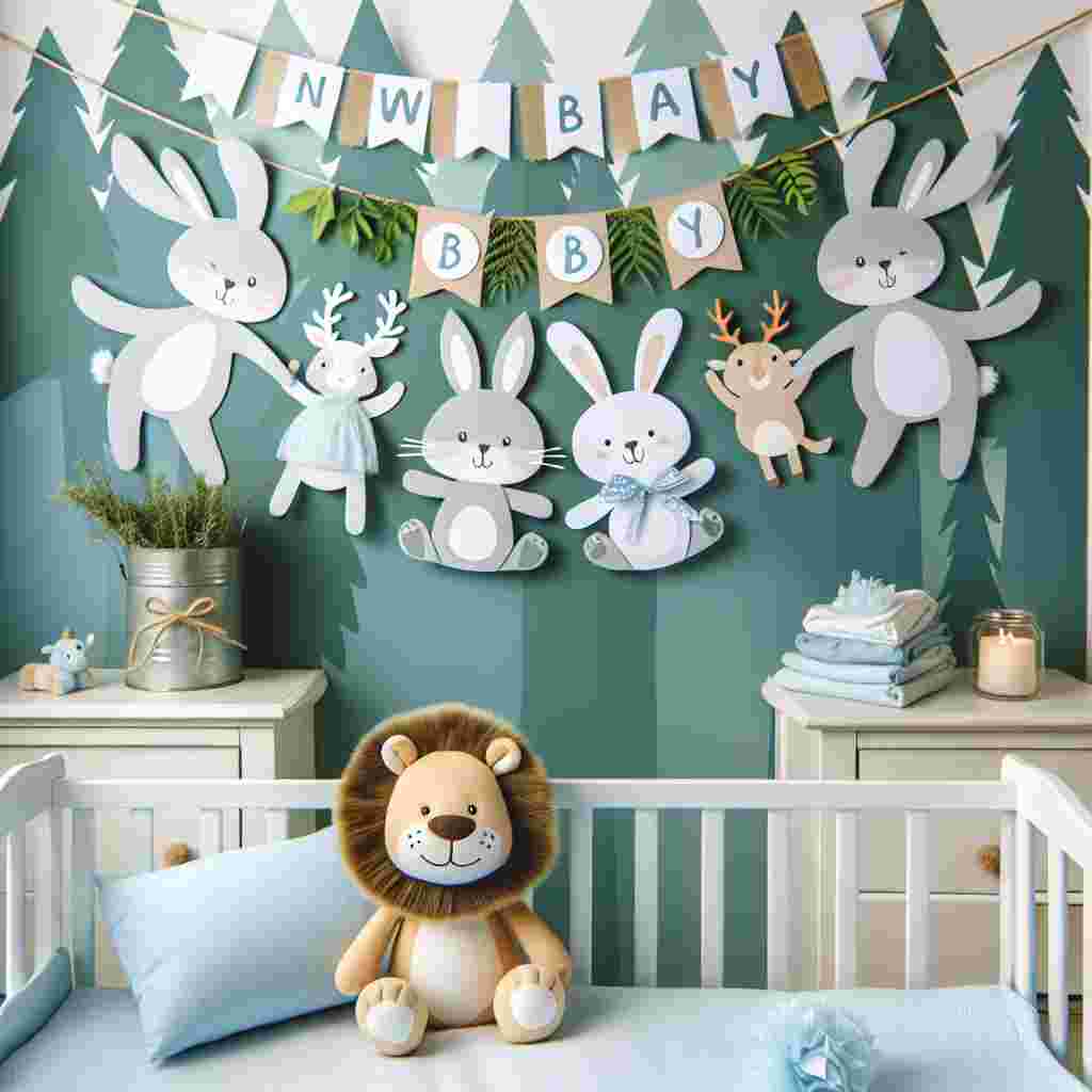 The scene describes a delightful forest-themed celebration for a newborn, characterized by playful, non-descriptive cartoon rabbits and deer hanging a 'New Baby' garland above a crib. The ambient colors are soft blues and greens, capturing the impression of a tranquil woodland. A plush lion cub toy is situated near the grinning baby, adding a touch of wildlife charisma to the nursery decor.
Generated with these themes: New baby, and Disney.
Made with ❤️ by AI.