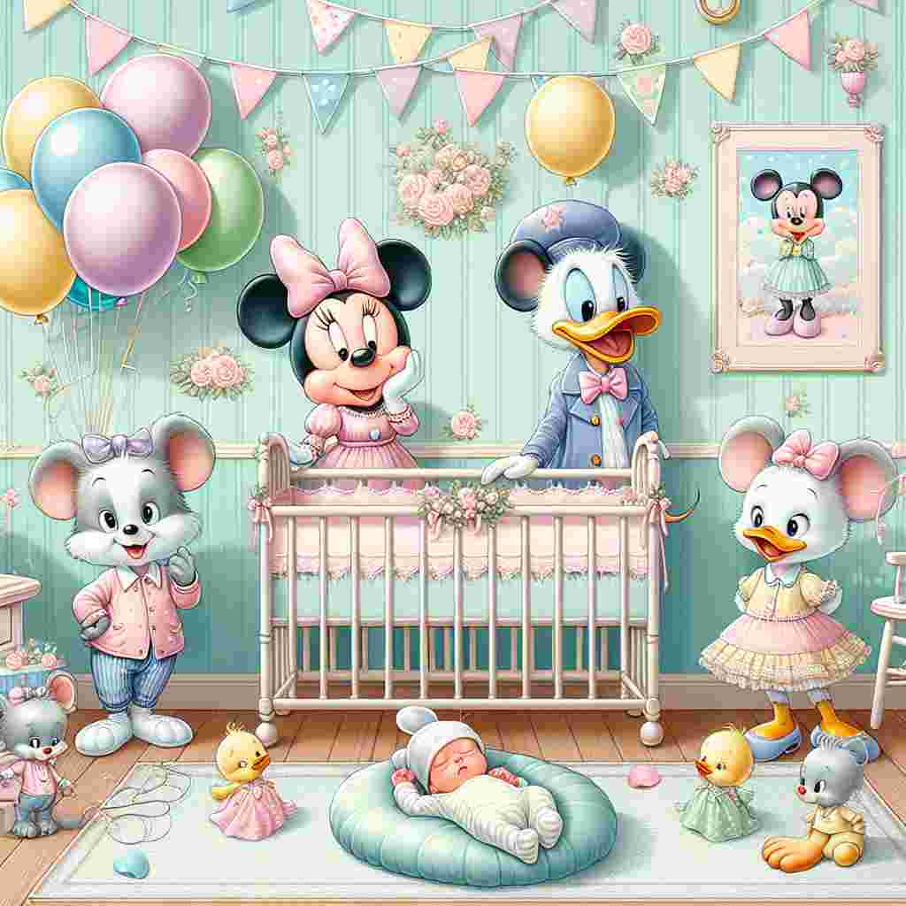 A delightful illustration of classic cartoon characters set in a nursery, celebrating the arrival of a new baby. These classic characters similar to a jovial mouse, a fashionable lady mouse, a quacky duck, and a clumsy but lovable dog-like character are decorating the room with balloons and streamers in soft pastel shades. The crib houses a peacefully sleeping newborn baby, wearing adorable mouse-like ears, completing the enchanting scene.
Generated with these themes: New baby, and Disney.
Made with ❤️ by AI.